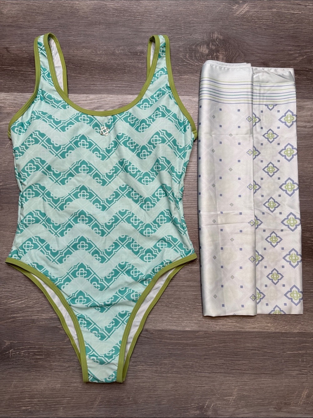 Casablanca Aqua Chevron One-Piece Swimsuit with Olive Trim